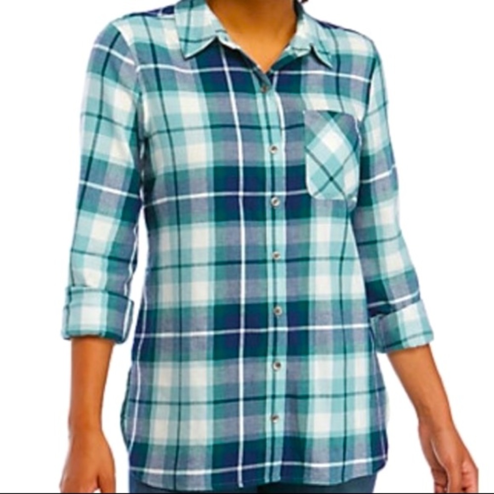🔴CLEARANCE‼️ NWT🌲TURQUOISE GREEN-BLUE COTTON PLAID LONG SLEEVE SHIRT Women’s XS - Picture 2 of 6